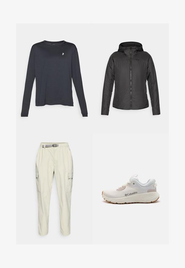 Zwarte hooded jacket met een ritssluiting aan de voorkant, met een lichtgewicht, gequilte uitstraling en elastische manchetten voor een aansluitende pasvorm.; Donker langarm T-shirt van gestructureerde stof, met een ronde halslijn en een klein wit logo op de linker borst.; Lichtbeige cargobroek van lichtgewicht stof, met een elastische tailleband en een grijze riem, zijzakken en een relaxte pasvorm.; Lichtgewicht Columbia sportieve schoen in witte mesh met een gestructureerde grijze zool en rubberen grip. Voorzien van een gewatteerde kraag en vetersluiting.