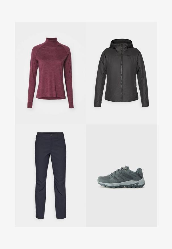 Jachetă neagră cu glugă și fermoar frontal, având un design ușor, matlasat și manșete elastice pentru o ajustare strânsă.; Cămașă burgundy cu mânecă lungă și guler înalt, cu mâneci raglan și o textură moale. Are un tiv rotunjit și manșete ajustate.; Pantaloni bleumarin dintr-un material neted, cu închidere frontală cu buton, croială slim-fit și detalii pliate la genunchi.; Ghete de drumeție gri închis, cu partea superioară din plasă și nubuc, design cu șireturi, talpă căptușită și talpă robustă cu model de aderență.