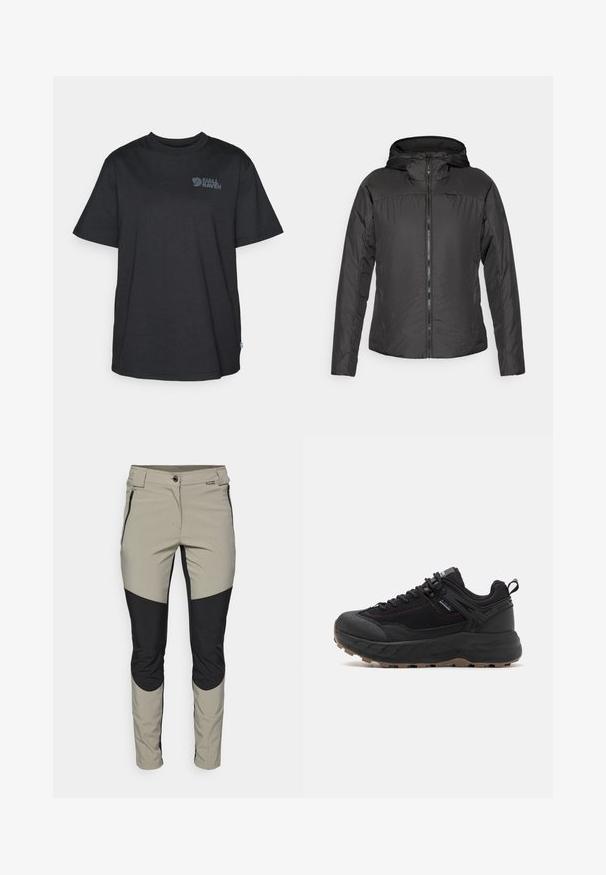 Fekete kapucnis dzseki elülső cipzárral, könnyű, steppelt kialakítással és rugalmas mandzsettákkal a kényelmes illeszkedés érdekében.; Fekete pamut póló rövid ujjal, kerek nyakkal, szürke logónyomattal a bal felső oldalon és egy kis svéd zászlóval a díszítésen.; Könnyű, lélegző bézs és fekete nadrág, testhez simuló fazonnal, oldalsó cipzárakkal és ellentétes panel díszítéssel a térdeknél.; Fekete sportcipők, texturált bőr és anyag felső résszel, mintás talppal, megerősített orral és állítható fűzőrendszerrel.