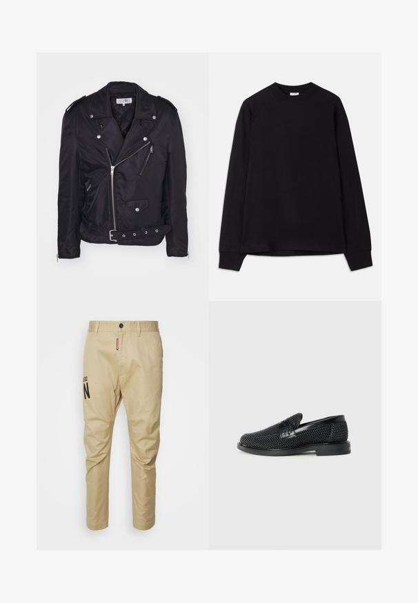 MM6 Maison Margiela Välikausitakki - black; Musta pitkähihainen t-paita pehmeästä puuvillasta. Ominaisuuksiin kuuluu pyöreä pääntie, löysä istuvuus ja ribbaustaskut. Ei näkyviä kuvioita tai logoja.; Beige puuvillahousut, joissa on suora lahkeiden muotoilu, etupainike ja musta painettu "N"-logo vasemmassa lahkeessa.; Musta kudottu liukupohjallinen kenka, jossa on sileä nahkakorostus päällisessä, pyöreä kärki ja matala kumipohja.