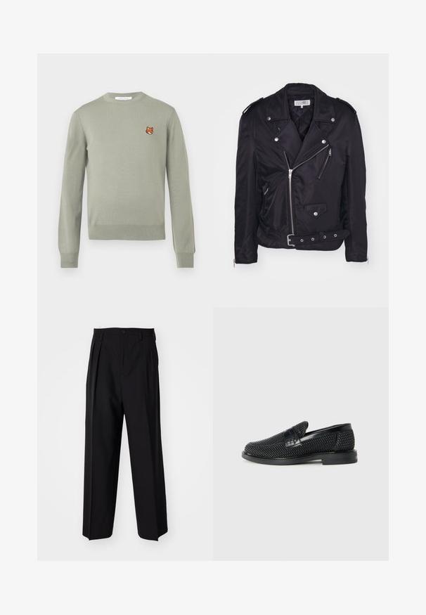 MM6 Maison Margiela Jachetă subțire - black; Pulover verde deschis cu mâneci lungi și guler rotund. Are un mic cap de vulpe brodat pe piept. Textură moale.; Pantaloni negri plisat cu un design drept și pantaloni largi. Construiți dintr-un material neted, prevăzuți cu închidere cu nasture și bucle pentru curea.; Pantofii negri din material textil, cu accent din piele netedă pe partea superioară, design cu vârf rotund și talpă din cauciuc de profil redus.