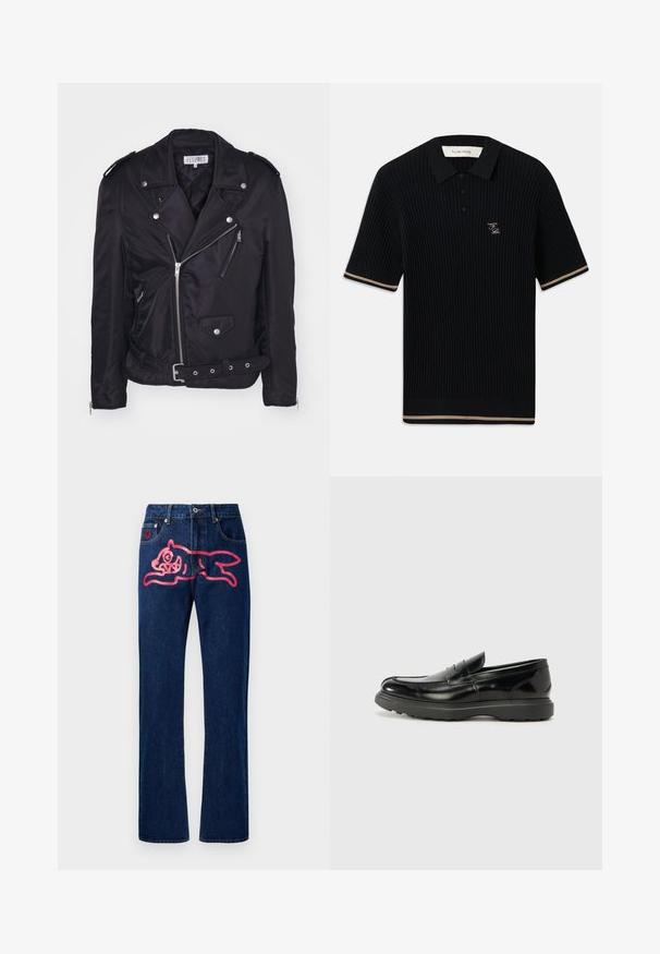 MM6 Maison Margiela Könnyű dzseki - black; Fekete bordázott, rövid ujjú pólóing, gallérral, három gombbal, bézs díszítéssel az ujjakon és az alján, és FP hímzett logóval a bal mellrészen.; Ferde szabású farmernadrág. Sötétkék szín, a hátsó zsebben egy nagy rózsaszín macska mintával. Klasszikus fém gomb és szegecsek.; Fekete bőr loafer, fényes felülettel, kerek orral, diszkrét varrási részletekkel és vastag gumitalppal a tartósság érdekében.