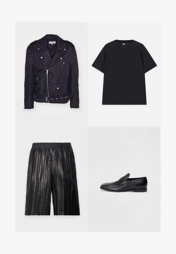 MM6 Maison Margiela Light jacket - black; Black short-sleeve t-shirt made of cotton, featuring a round neckline and a small logo detail near the hem. Smooth texture, regular fit.; Pleated black shorts with an elastic waistband, made from a shiny material, featuring vertical grooves for texture and style.; Black leather slip-on shoe with a pointed toe, smooth texture, and subtle branding on the side. Low heel with a clean, minimal design.