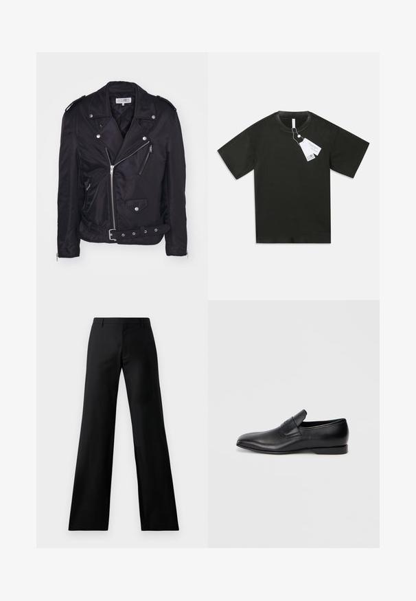 MM6 Maison Margiela - Kurtka przejściowa; Czarny bawełniany t-shirt z krótkim rękawem i okrągłym dekoltem, z przymocowanymi białymi metkami produktowymi wiszącymi z kołnierza, na jednolitym białym tle.; Czarne szerokie spodnie wykonane z gładkiego materiału. Posiadają średnio osadzony pas i fałdy z przodu, co zapewnia dopasowany krój.; Czarne skórzane buty wsuwane z ostrym noskiem, gładką fakturą i subtelnym logo z boku. Niski obcas z czystym, minimalistycznym designem.