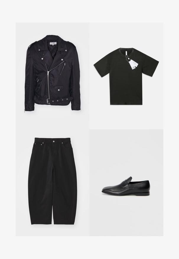 MM6 Maison Margiela Overgangsjakke - black; Sort kortærmet bomulds T-shirt med rund hals og påsatte hvide produktmærker, der hænger fra kraven, på en ensfarvet hvid baggrund.; Helmut Lang COCOON GALLERY - Jeans Relaxed Fit - black; Sorte læder slip-on sko med spids tå, glat overflade og diskret branding på siden. Lav hæl med et rent, minimalistisk design.