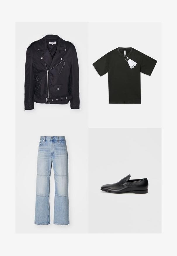 MM6 Maison Margiela Viegla jaka - black; Melns īsām piedurknēm kokvilnas T-krekls ar apaļu kakla izgriezumu un piekārtām baltām produktu birkām no apkakles uz vienkārša balta fona.; Gaiši zila džinsa bikses ar platu kāju dizainu, ar kontrastējošām paneļiem un redzamām šuvēm. Augstais jostasvieta ar pogas aizdari.; Melna ādas slēgta kurpe ar smailu purngalu, gludu virsmu un diskrētu zīmolu uz sāniem. Zems papēdis ar tīru, minimālistisku dizainu.