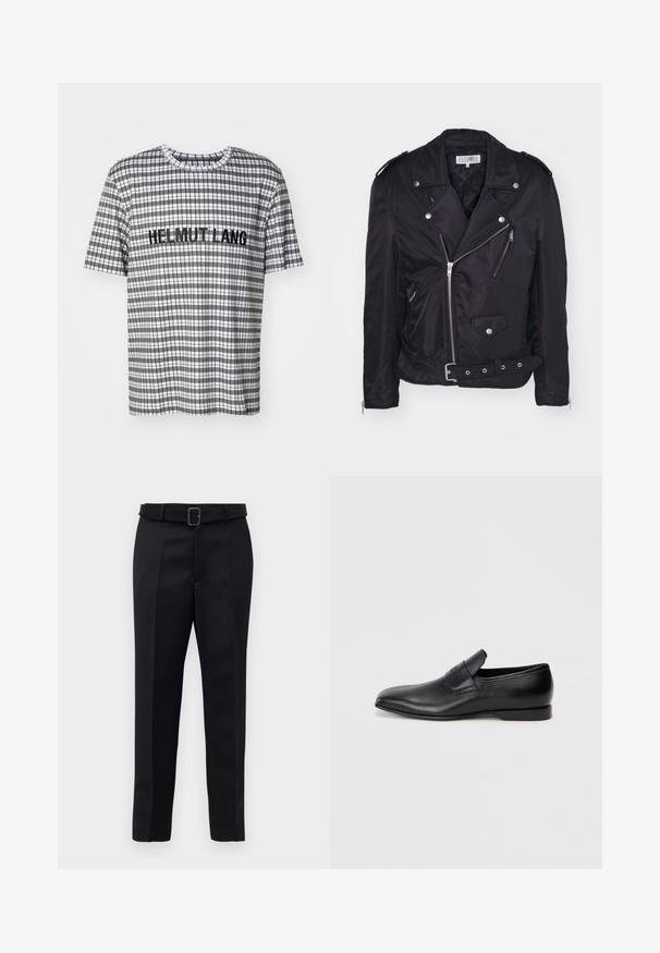 MM6 Maison Margiela Overgangsjakke - black; Kortærmet ternet t-shirt i sort, hvid og grå, med "HELMUT LANG" broderet i sort tværs over brystet.; Sorte skræddersyede bukser har et glat stof, lige snit og en bæltestrop med en rektangulær spænde. Bemærkelsesværdige forreste folder fremhæver designet.; Sorte læder slip-on sko med spids tå, glat overflade og diskret branding på siden. Lav hæl med et rent, minimalistisk design.