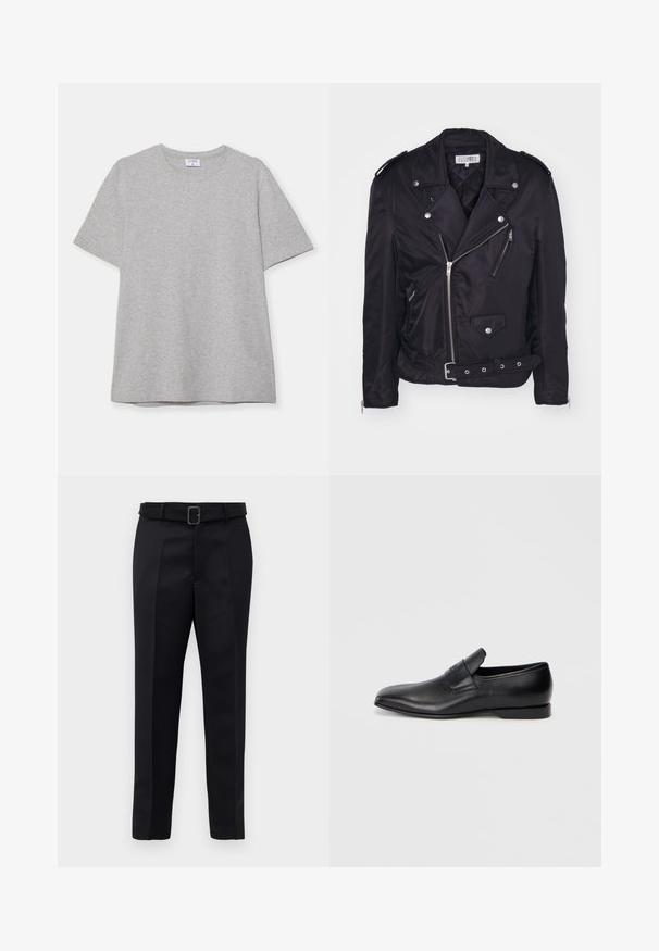 MM6 Maison Margiela Light jacket - black; Gray short-sleeve T-shirt made from soft, textured fabric. Features a classic crew neck and a straight hem, suitable for casual wear.; Black tailored trousers feature a smooth fabric, straight cut, and a belted waist with a rectangular buckle. Notable front creases enhance the design.; Black leather slip-on shoe with a pointed toe, smooth texture, and subtle branding on the side. Low heel with a clean, minimal design.