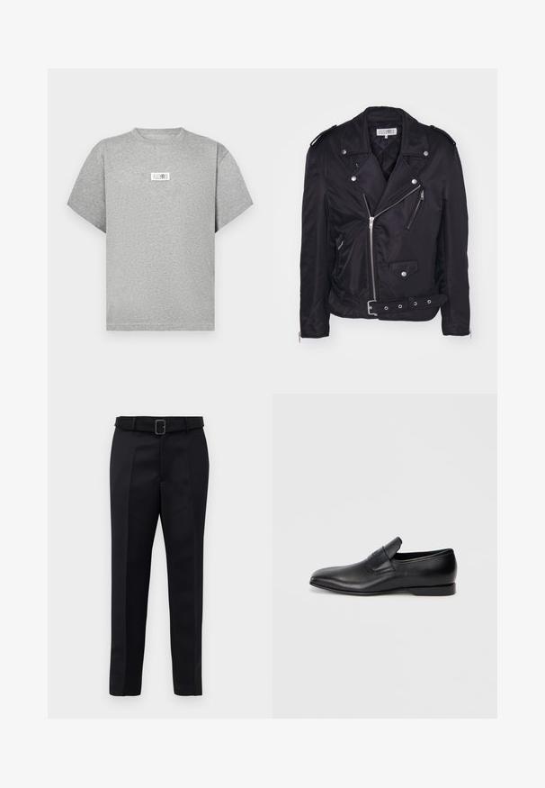 MM6 Maison Margiela Jachetă subțire - black; Tricou gri cu mânecă scurtă, realizat din bumbac moale. Prezintă o etichetă dreptunghiulară pe față, cu text negru și un design minimalist.; Pantalonii negri ajustați sunt fabricați dintr-un material neted, au croi drept și o talie încrustată cu o cataramă rectangulară. Pliseele frontale notabile îmbunătățesc designul.; Pantofii negri din piele, slip-on, cu vârf ascuțit, textură netedă și branding subtil pe lateral. Toc jos cu un design curat și minimal.