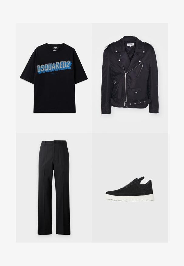 MM6 Maison Margiela Välikausitakki - black; Dsquared2 Printtipaita - black; Musta suorat housut vyölenkeillä, etupainikkeella ja vetoketjukiinnityksellä, esitettyinä yksinkertaisen valkoisen taustan edessä.; Mustat mokkasiinikenkiä valkoisella kumipohjalla, jossa on sävy sävyyn ompelu ja nauhakiinnitys. Sujuva pinta ja moderni, virtaviivainen muoto.