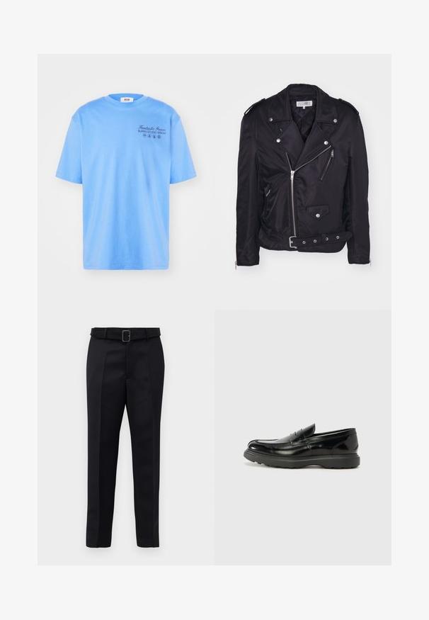 MM6 Maison Margiela Välikausitakki - black; Vaaleansininen puuvillapaita lyhyillä hihoilla, pyöreällä kaula-aukolla ja mustalla tekstillä: "Fantastinen Vihreä Burro Studio MSGM" grafiikka-elementeillä.; Mustat räätälöidyt housut on valmistettu sileästä kankaasta, niissä on suora leikkaus ja vyötäröllä solki, jossa on suorakulmainen muoto. Huomattavat etu taitteet parantavat muotoilua.; Mustat nahkakengät, joissa on kiiltävä pinta, pyöreä kärki, huomaamaton ompelu ja paksu kumipohja kestävyyttä varten.