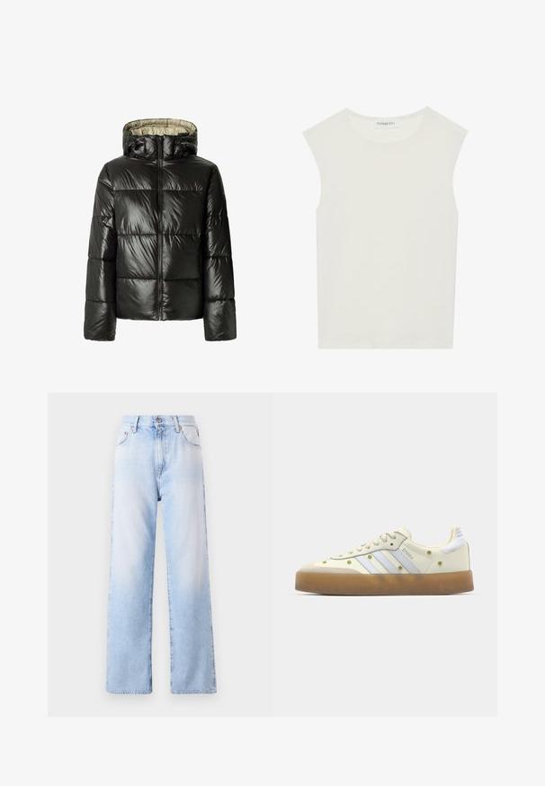 Melna pūkaina jaka ar spīdīgu, quiltēta virsma, kapuci, priekšējo rāvējslēdzēju un elastīgām piedurknēm. Iekšpusei ir kontrastējoša gaiša krāsa.; Balts bez piedurknēm tops ar apaļu kakla izgriezumu. Izgatavots no gludas auduma, tam ir brīvs piegriezums un minimālistisks dizains. Nav nekādas rakstainības vai akcentu.; Gai zilu džinsi ar augstu jostasvietu, plašiem taisniem kājām un nedaudz izbalējušu izskatu. Iekļauj priekšējo pogu aizdari un piecas kabatas.; Krēma krāsas sporta apavi ar gaiši ziliem svītrām, gumijas zoli un dekoratīvām dzeltenām ziedu akcentiem uz augšdaļas. Apaļu purngalu dizains.