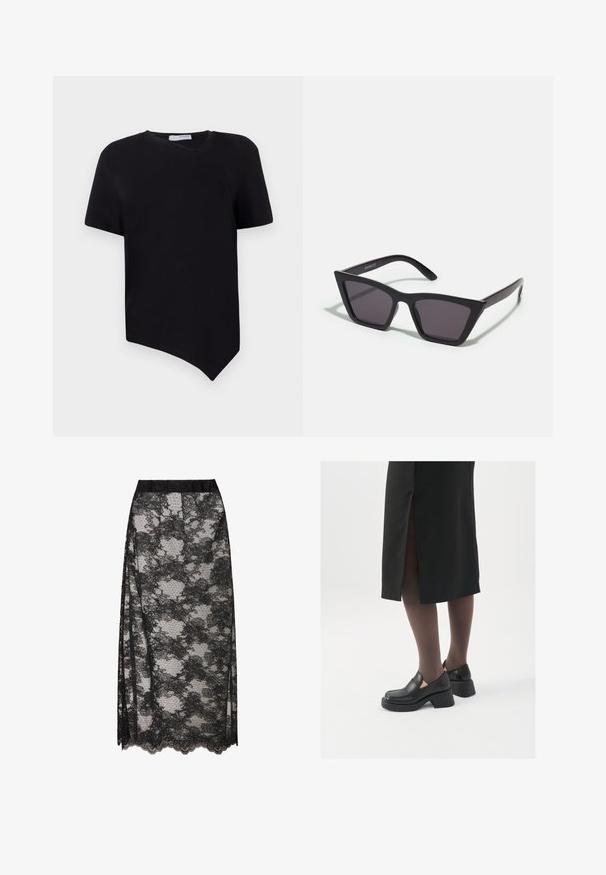 Kort fuskepelsjakke i lys beige med høy krage, lange ermer og en myk, teksturert overflate. Ingen synlige lukkinger eller mønstre.; Svart kortermet t-skjorte med asymmetrisk stoffkant og rund halslinning; laget av myk, glatt stoff med minimalistisk design.; Svart blondekjole med bølget kant, med et blomsterdesign og gjennomsiktig tekstur. Elastisk midjebånd for komfortabel bruk.; Sorte lærersko med rund tå, tykk blokkheel og elastiske sideaksenter, sammen med mørke strømpebukser og et svart skjørt med splitt.; Svarte, kantete solbriller med grå linser; laget av plast, med tykke stenger som har en glatt overflate og ingen synlige festemidler.