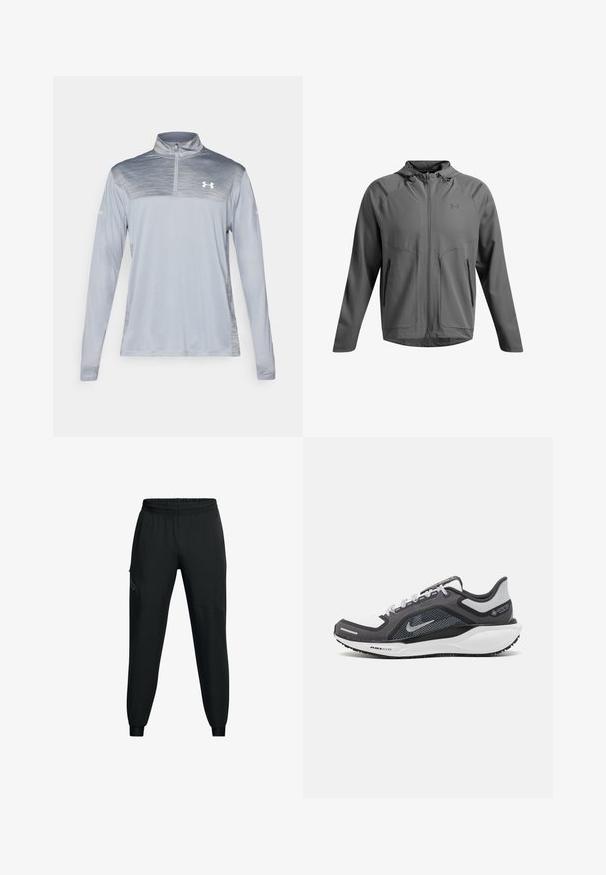 Graue Sportjacke mit Kapuze. Hergestellt aus glattem, leichtem Stoff. Verfügt über einen Frontreißverschluss, zwei Reißverschlusstaschen und dezente Schulterakzente.; Hellgraues Performance-Shirt mit langen Ärmeln und einem Viertel-Reißverschluss-Hals, das ein strukturiertes Oberteil und dezente Markenkennung auf der Brust aufweist.; Schwarze Sporthose mit elastischem Bund, tailliertem Bein-Design, seitlichen Taschen und kontrastierenden Paneeldetails. Leichter, glatter Stoff.; Schwarzer und grauer Sportschuh mit einem Mesh-Obermaterial, reflektierenden Akzenten und einer weißen Zwischensohle. Verfügt über eine strukturierte Gummisohle und Schnürsenkel.