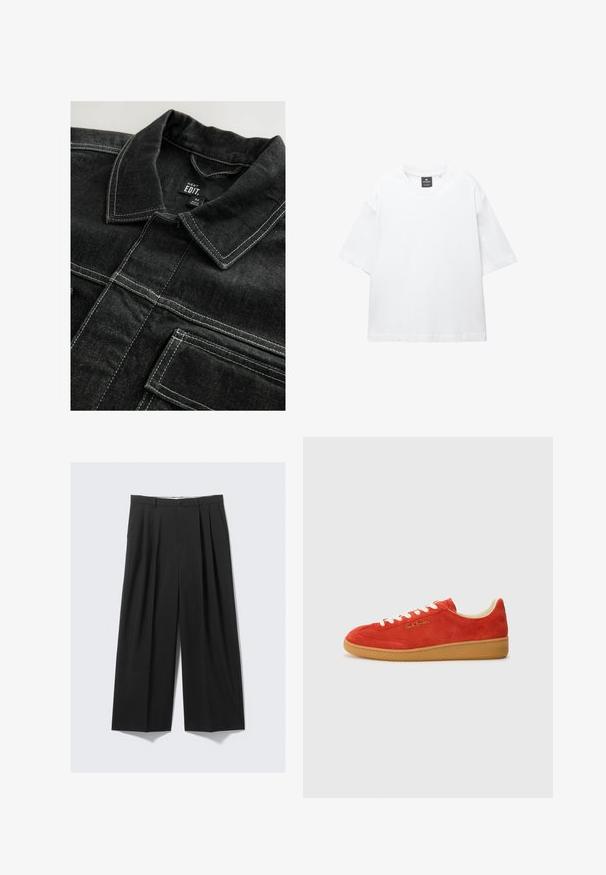 Black denim jacket featuring contrast white stitching, a collared neckline, and chest pockets, with a textured fabric appearance.; White short-sleeve t-shirt made of cotton, featuring a round neckline and relaxed fit with straight hem. No patterns or embellishments.; Black wide-leg pants with pleats, button closure, and belt loops, displayed flat on a neutral background.; Red suede sneaker with white laces, tan rubber sole, and gold branding on the side. Rounded toe and low-profile design.