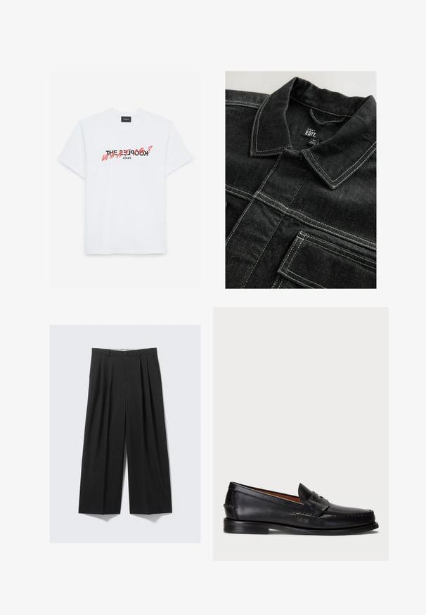 Melna džinsa jaka ar kontrastējošu balto šuvumu, apkakles līdzīgu kakla līniju un krūšu kabatām, ar teksturētu auduma izskatu.; Baltas kokvilnas t-krekls ar īsām piedurknēm, kuram ir melna un korallkrāsas grafika. Uzraksts: "THE KOOPLES? KAS?" un "PARĪZE."; Melna platā kāju bikses ar krokām, pogu aizdari un jostu cilpiņām, izliktas plakaniski uz neitrāla fona.; Melnas ādas loafers ar noapaļotu purngalu, šuvju apdari un dekoratīvu joslu priekšā. Plakana zole ar minimālu profilu.