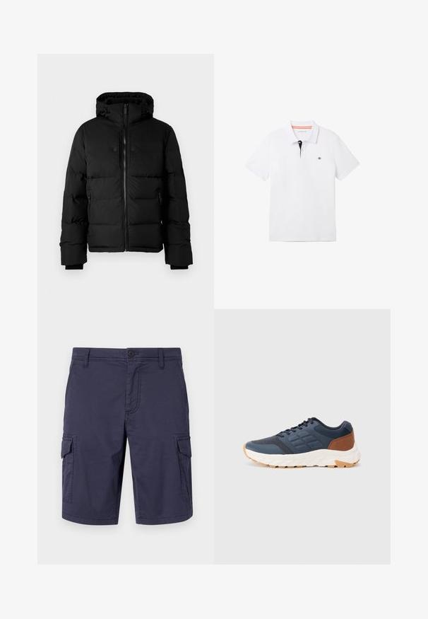 Schwarze isolierte Winterjacke mit Kapuze, Frontreißverschluss, seitlichen Reißverschlusstaschen und verstellbaren Kordeln an der Kapuze.; Weißes Polohemd mit einem schwarzen Kragen und orangefarbener Einfassung, kurzen Ärmeln und einem kleinen Logo auf der Brust. Hergestellt aus atmungsaktivem Baumwollgemisch.; Marineblaue Cargo-Shorts aus strapazierfähigem Material, mit seitlichen Taschen, einem Knopfverschluss und einer strukturierten Oberflächenbeschaffenheit.; Marineblaue Sportchuhe mit einem braunen Fersenakzent, strukturiertem Mesh-Obermaterial, gepolstertem Kragen und weißer Gummisohle mit durchgezogenem Profil.