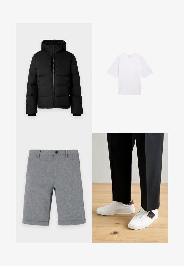 Juodas izoliuotas žieminis švarkas su gobtuvu, priekinėmis užtrauktukų kišenėmis, užtraukiamomis šoninėmis kišenėmis ir reguliuojamais raišteliais ant gobtuvo.; Baltos trumpomis rankovėmis marškiniai, pagaminti iš medvilnės. Atsipalaidavęs kirpimas su apvalia iškirpte. Lygus paviršius, be matomų raštų ar akcentų.; Pilkai, iki kelių trunkantys šortai, pagaminti iš tekstūruoto audinio, su mygtuko užsegimu, viena priekinė kišenė ir tvarkingai suvertomis apykaklėmis.; Balti sportbačiai su glotnia danga, puošti rudais odiniais akcentais ir juodais detalėmis, derinami su juodais pritaikytais kelnėmis. Medinių grindų fonas.