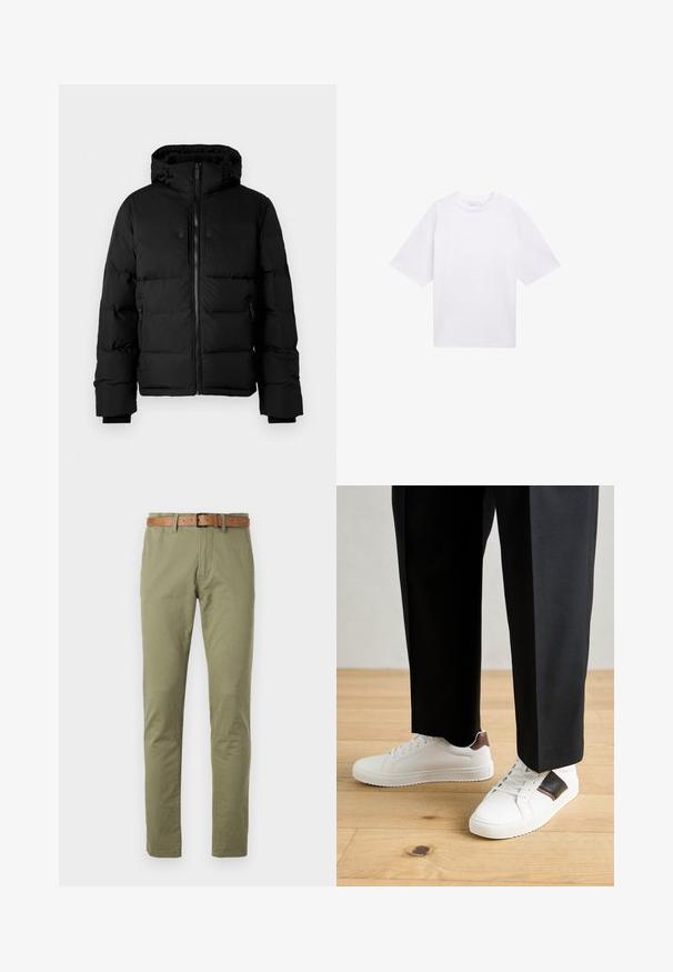 Fekete, szigetelt télikabát kapucnival, elülső cipzárral, cipzáras oldalzsebekkel és állítható húzózsinórral a kapucnin.; Fehér, rövid ujjú pamut póló. Lazább fazon, kerek nyakkivágással. Simább textúra, látható minták vagy díszítések nélkül.; Olíva zöld pamut nadrág egyenes fazonnal, barna bőövvel és sima textúrával. Egyszerű elülső zsebek.; Fehér sneaker, sima textúrával, barna bőr díszítéssel és fekete részletekkel, fekete szabott nadrággal párosítva. Fából készült padló háttér.