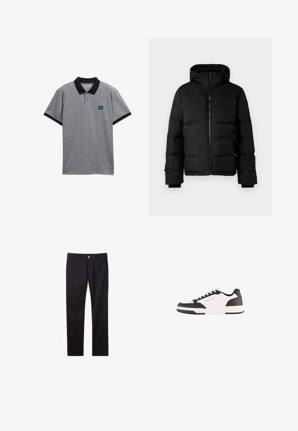 Černá zateplená zimní bunda s kapucí, předním zipem, zipovými bočními kapsami a nastavitelnými šňůrkami na kapuci.; Šedé polo tričko s černým límečkem a akcenty na rukávech. Disponuje třemi knoflíky a malou nášivkou na prsou. Materiál z bavlny a polyesteru.; Černé bavlněné kalhoty se rovný střih, předními kapsami, zapínáním na jeden knoflík a hladkým povrchem.; Bílé a černé tenisky s hladkým koženým svrškem, kontrastními akcenty, texturovanou gumovou podešví a značkovým štítkem na boku.