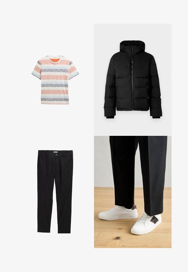 Giacca invernale nera isolata con cappuccio, cerniera frontale, tasche laterali con zip e coulisse regolabili sul cappuccio.; T-shirt a righe in cotone, con ampie righe orizzontali arancioni, blu, grigie e bianche, con colletto rotondo e maniche corte.; Pantaloni neri realizzati in un tessuto liscio, dotati di chiusura con bottone, due tasche frontali e una vestibilità affusolata.; Sneakers bianchi dalla texture liscia, con dettagli in pelle marrone e particolari neri, abbinati a pantaloni neri su misura. Sfondo in parquet.