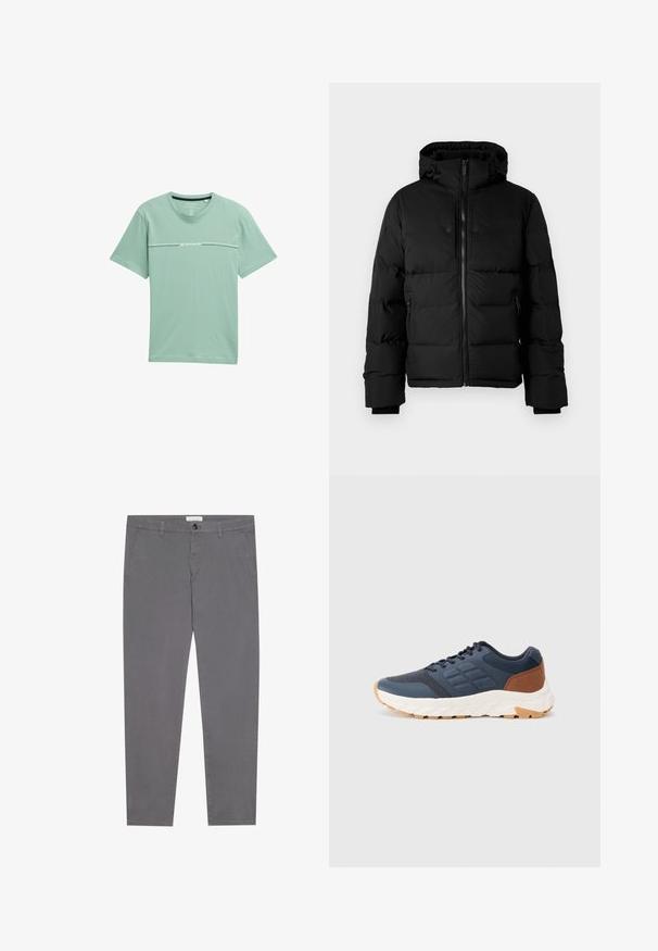 Černá zateplená zimní bunda s kapucí, předním zipem, zipovými bočními kapsami a nastavitelnými šňůrkami na kapuci.; Světle zelené tričko vyrobené z měkké látky, s krátkými rukávy a kulatým výstřihem. Na hrudi je vytištěn jemný logo.; Šedé bavlněné kalhoty s úzkým střihem, které mají dvě přední kapsy, jednu zadní kapsu a zapínání na knoflík v pase.; Námořnické modré sportovní boty s hnědým akcentem na patě, texturovaný síťovaný svršek, polstrovaný límec a bílá gumová podrážka s vzorovaným profilem.