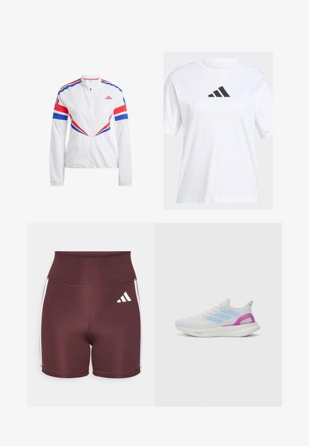 Bílá sportovní bunda s modrými a červenými akcenty, zapínání na zip, vysoký límec a výrazné úhlové vzory na rukávech a trupu.; Bílý bavlněný tričko s černým logem Adidas v trojúhelníkovém designu na hrudi, krátké rukávy a uvolněný střih.; Bordové šortky s vysokým pasem vyrobené z elastického materiálu, které mají bílé boční pruhy a bílé logo Adidas na přední straně.; adidas Performance PUREBOOST 5 - Silniční běžecké boty - white/glow blue/purple burst