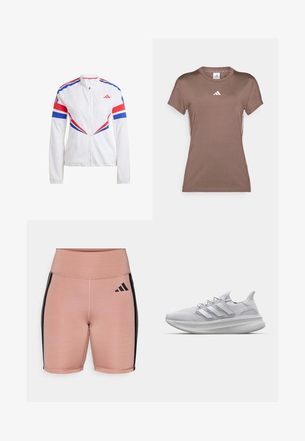Witte sportjack met blauwe en rode accenten, rits aan de voorkant, hoge kraag en gedurfde hoekige patronen op de mouwen en het torso.; adidas Performance Sport T-shirt - earth strata/white; Roze sportshorts met een hoge taille, gemaakt van rekbaar materiaal. Bevat zwarte zijstrepen en het Adidas-logo aan de linkerkant.; Witte sportieve schoen met een gestructureerd mesh bovenwerk, driedimensionale zijstrepen en een dikke zool gemarkeerd met 'LIGHT BOOST.'
