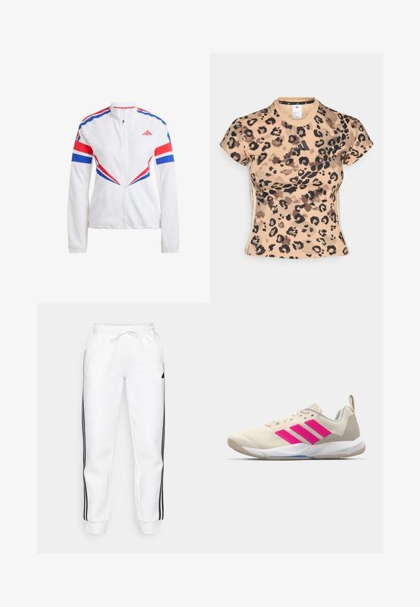 Casaco atlético branco com detalhes em azul e vermelho, fecho de zíper à frente, gola alta e padrões angulares audaciosos nas mangas e no torso.; adidas Sportswear TEE - T-shirt estampada - multicolor/warm sandstone; adidas Sportswear Calças de fato de treino - white; Sapata atlética bege com logotipo de três riscas cor-de-rosa, parte superior em malha texturizada, colarinho acolchoado e sola de borracha branca, apresentando a marca "LIGHTSTRIKE".