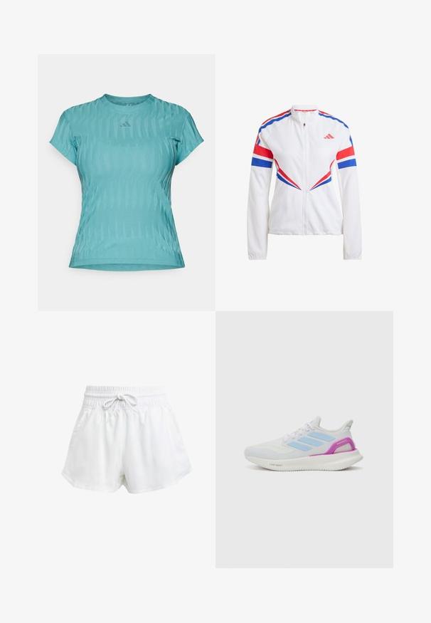Λευκό αθλητικό μπουφάν με μπλε και κόκκινες λεπτομέρειες, φερμουάρ μπροστά, ψηλό γιακά και τολμηρά γωνιώδη σχέδια στα μανίκια και στο σώμα.; Αθλητικό μπλουζάκι κοντό μανίκι σε ανοιχτό μπλε χρώμα με υφασμάτινη υφή, με στρογγυλή λαιμόκοψη και μικρό λογότυπο στο στήθος.; Λευκές αθλητικές βερμούδες με ελαστική μέση και ρυθμιζόμενο κορδόνι. Κατασκευασμένες από ελαφρύ υλικό, διαθέτουν πλευρικές τσέπες και άνετη εφαρμογή.; adidas Performance PUREBOOST 5 - Παπούτσια για τρέξιμο σε δρόμο - white/glow blue/purple burst