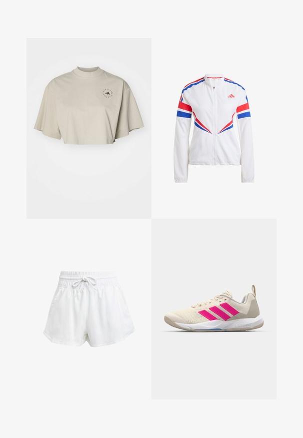 Fehér sportdzseki kék és piros kiegészítőkkel, cipzáros elülső résszel, magas gallérral, valamint feltűnő szögletes mintázattal a hajtókán és a testen.; Rövid ujjú, világos bézs pamut póló, amely rövidített fazonú. Magas nyakkal és fekete kör alakú logóval rendelkezik a bal melle fölött.; Fehér sportcipőnadrág rugalmas derékrésszel és állítható húzózsinórral. Könnyű anyagból készült, oldalzsebekkel rendelkezik és laza szabású.; Beige sportcipő rózsaszín háromsávos logóval, texturált hálós felső résszel, párnázott nyakkal és fehér gumitalppal, "LIGHTSTRIKE" márkajelzéssel.