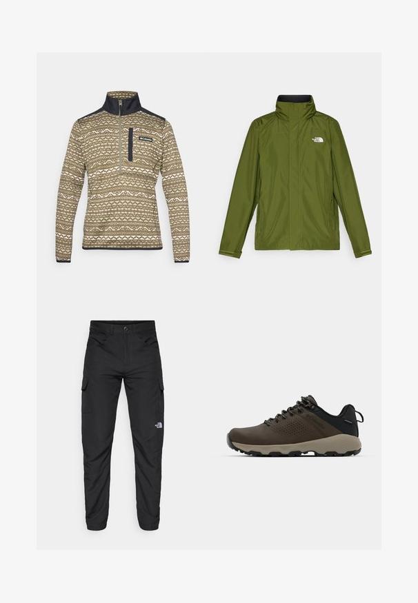 Olivengrønn vanntett jakke med høy krage, lange ermer og preget logo på venstre bryst. Har glidelåslommer og justerbare mansjetter.; Brun genser med glidelås og geometrisk mønster i krem, med høy krage og marineblå detaljer på skuldrene og brystlommen.; The North Face HORIZON PANT - Friluftsbukser - black; Brune vanntette joggesko med teksturert overdel, perforerte detaljer, svart hæl støtte og en grå gummisåle. Snøring er stilisert med metalliske ender.