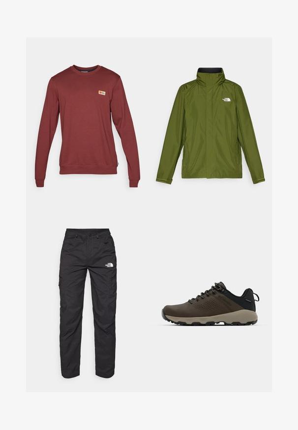 Olivengrønn vanntett jakke med høy krage, lange ermer og preget logo på venstre bryst. Har glidelåslommer og justerbare mansjetter.; Rød sweatshirt med lange ermer laget av bomullsblanding, med en ribbestrikket hals, mansjetter og et lite logo-patch på brystet.; Sorte cargo bukser laget av lett stoff. Har glidelåslommer på siden og et logo på venstre lår. Rett ben-design.; Brune vanntette joggesko med teksturert overdel, perforerte detaljer, svart hæl støtte og en grå gummisåle. Snøring er stilisert med metalliske ender.