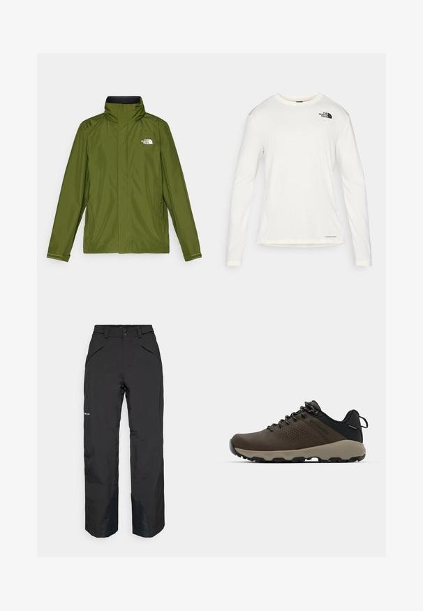 Olivnozeleni vodoodporni jopič z visokim ovratnikom, dolgimi rokavi in embosiranim logotipom na levem prsnem delu. Ima zadrge na žepih in nastavljive manšete.; Bela srajca z dolgimi rokavi in okroglim ovratnikom, strukturirana tkanina, črn logo na levem ramenu in diskretno znamčenje na dnu.; Črne vodoodporne hlače s ravnim krojem, opremljene z zadrgami na žepih, ojačenimi robovi in gladko teksturo.; Rjave vodoodporne superge z teksturiranim zgornjim delom, perforiranimi detajli, črno podporo za peto in sivo gumijasto podlogo. Šnure imajo metalne konice.