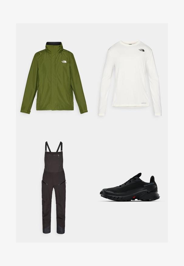 Alyvuogių žalios spalvos vandeniui atspari striukė su aukštu apykakle, ilgomis rankovėmis ir iškilmingu logotipu ant kairiojo krūtinės puodelio. Siūlomos užtraukiamos kišenės ir reguliuojamo ilgio rankogaliai.; Balta ilga rankove marškiniai su apvalia iškirpte, tekstūruota medžiaga, juodas logotipas kairėje petyje ir subtilus prekės ženklas apačioje.; Juodi kombinezonai su reguliuojamomis petnešomis, užtrauktuku užsegama priekinė kišenė ir šoninės kišenės. Yra sustiprinta apatinė koja su kontrastuojančia tekstūra.; Juodi sportiniai batai su tekstūruotu viršumi, apvaliu priekiu ir ryškiu guminio pado apvadu. Yra logotipas šone ir raudonos detalės padu.