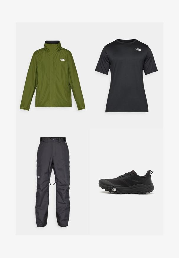 Olívazöld vízálló dzseki magas gallérral, hosszú ujjakkal és dombornyomott logóval a bal mellen. Cipzáras zsebekkel és állítható mandzsettákkal rendelkezik.; Fekete, rövid ujjú póló, könnyű, nedvességelvezető anyagból készült. Bal oldalon fehér logóval rendelkezik, és kerek nyakú.; Fekete vízálló nadrág egyenes szabással, állítható derékrésszel, oldalsó cargo zsebekkel és megerősített alsó lábtartókkal. Márkajelzés a combon.; Fekete terepfutó cipő, textúrált felső résszel, gumitalppal és megerősített lábujjrészével. Párnázott bokarésszel és húzófüllel rendelkezik a könnyű felhúzáshoz.