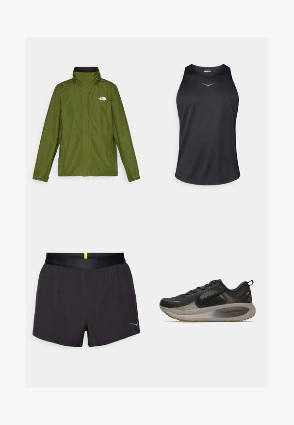 Olivengrønn vanntett jakke med høy krage, lange ermer og preget logo på venstre bryst. Har glidelåslommer og justerbare mansjetter.; Svart ermeløs treningstopp laget av pustende stoff, med rund hals og reflekterende logo på brystet.; Svarte treningsshorts med satenglans, elastisk livlinje og reflekterende logo nederst til høyre. Enkelt design, lett stoff.; Svart løpesko med mesh-overdel, reflekterende detaljer og ZoomX-demping. Har en teksturert såle for godt grep. Strømlinjeformet design.