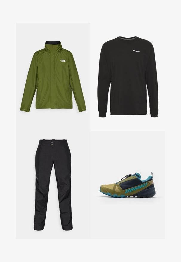 Olivgrüne wasserdichte Jacke mit hohem Kragen, langen Ärmeln und geprägtem Logo auf der linken Brust. Verfügt über reißverschlussseitige Taschen und verstellbare Bündchen.; Schwarzes Langarm-T-Shirt aus Baumwolle, mit Rundhalsausschnitt und kleinem weißen "Patagonia"-Logo auf der Brust. Glatte Textur.; Schwarze wasserdichte Hose mit glatter Textur, ausgestattet mit zwei vorderen Knöpfen und schmal zulaufendem Bein-Design. Mit einem Logo an der Seite akzentuiert.; Trailrunningschuh in Olivgrün und Navy, mit einer strukturierten Oberfläche, blauen Akzenten, einem sicheren Schnürsystem und einer robusten Außensohle für Grip.