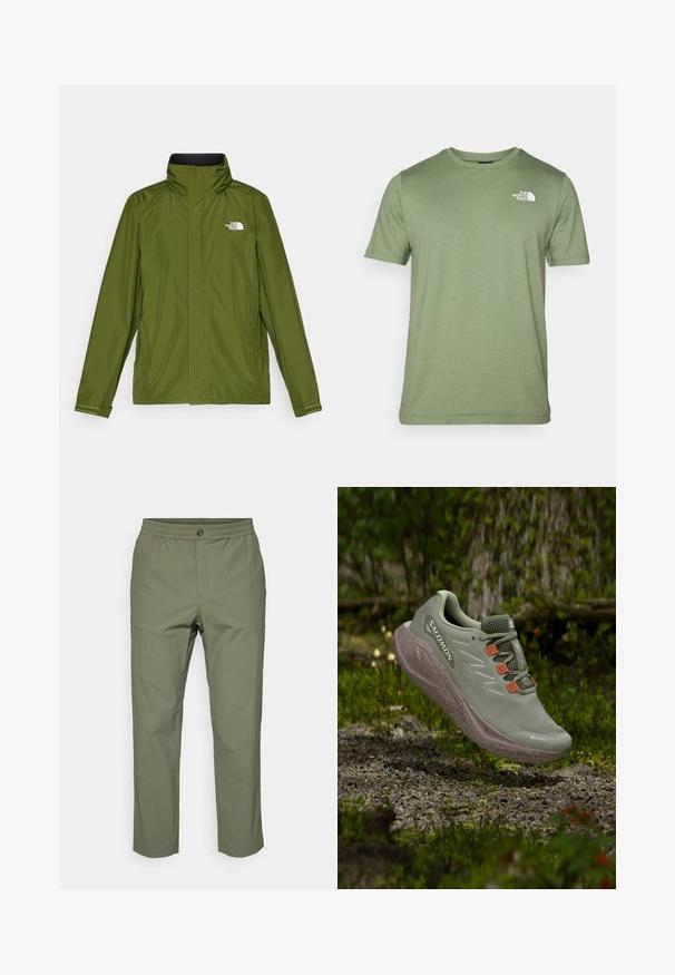 Vihreä oliivinvärinen vedenpitävä takki, jossa on korkea kaulus, pitkät hihat ja kohokuvioitu logo vasemmassa rinnassa. Ominaisuuksiin kuuluvat vetoketjulliset taskut ja säädettävät hihansuut.; Lyhyet hiharat oliivinvihreä t-paita, joka on valmistettu pehmeästä kankaasta. Siinä on pyöreä pääntie ja valkoinen logo vasemmassa rinnassa. Kankaan pinta on sileä.; Oliivivihreät housut, jotka on valmistettu kevyestä kankaasta. Housuissa on joustava vyötärö, nappisuljenta ja suora lahje, ilman näkyviä kuvioita.; Vihreä Salomon-juoksukenkä, jossa on oranssit nauhakoukut, leijuu sorapolun yllä metsäisessä ympäristössä.