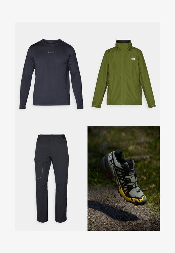 Olive green waterproof jacket with high collar, long sleeves, and embossed logo on the left chest. Features zippered pockets and adjustable cuffs.; Long-sleeve, navy blue athletic shirt made of lightweight, breathable fabric with a textured finish and a small white logo on the chest.; Black outdoor pants featuring a zippered thigh pocket, elastic waistband, and smooth, water-resistant fabric. Clean design with no visible logos.; Salomon trail running shoe in muted gray with bright yellow accents. Features a textured sole, secure lacing system, and a cushioned collar.