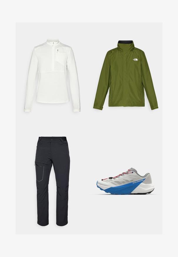 Olijf groene waterdichte jas met hoge kraag, lange mouwen en een reliëflogo op de linkerborst. Heeft ritszakken en verstelbare manchetten.; Witte, lange mouwen pullover met een kwart-rits, textuurstof en een klein borstzakje. Beschikt over een hoge kraag en subtiele logo-details.; Zwarte outdoorbroeken met een ritszak op de dij, een elastische tailleband en glad, waterafstotend materiaal. Schoon ontwerp zonder zichtbare logo's.; Grijze en blauwe hardloopschoen met een gestructureerd bovenwerk, rode veters en een dikke witte zool, met een opvallend "Salomon"-logo aan de zijkant.