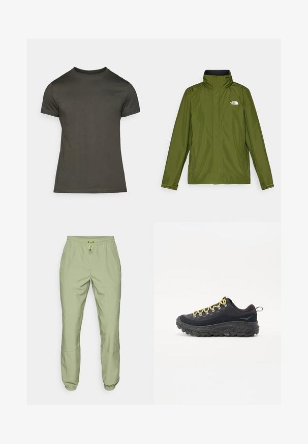 Olivově zelená nepromokavá bunda s vysokým límcem, dlouhými rukávy a embosovaným logem na levé hrudi. Obsahuje kapsy na zip a nastavitelné manžety.; Tmavě olivově zelené tričko s krátkými rukávy a kulatým výstřihem, vyrobené z měkkého bavlněného materiálu s jemným logem vytištěným na přední straně. Hladká textura, volný střih.; Svetle zelené sportovní kalhoty s elastickým pasem, stahovací šňůrkou a manžetami u kotníků; mají dvě postranní kapsy a hladkou texturu.; Hikingová obuv s černým svrškem vyrobeným z strukturované textilie, žlutými tkaničkami, stříbrnými oky a robustní černou Vibram podrážkou se skvrnitými akcenty.