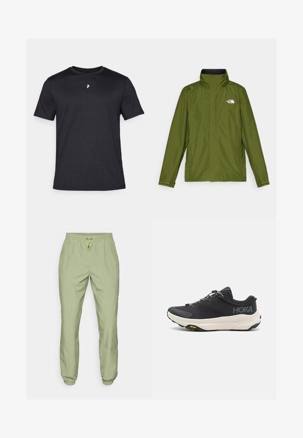 Vihreä oliivinvärinen vedenpitävä takki, jossa on korkea kaulus, pitkät hihat ja kohokuvioitu logo vasemmassa rinnassa. Ominaisuuksiin kuuluvat vetoketjulliset taskut ja säädettävät hihansuut.; Mustat lyhythihaiset t-paidat, jotka on valmistettu sileästä kankaasta. Paidassa on pieni valkoinen logo rinnassa ja klassinen pyöreä kaula-aukko.; Vihreät urheiluhousut, joissa on joustava vyötärö, nyöri sulkemiseen ja nilkkahihnat; sisältää kaksi sivutaskua ja sileän pinnan.; Musta urheilujalkine, jossa on teksturoitu päällinen, harmaita yksityiskohtia, heijastavia elementtejä sekä paksu valkoinen pohja, jossa on Vibram-logo.