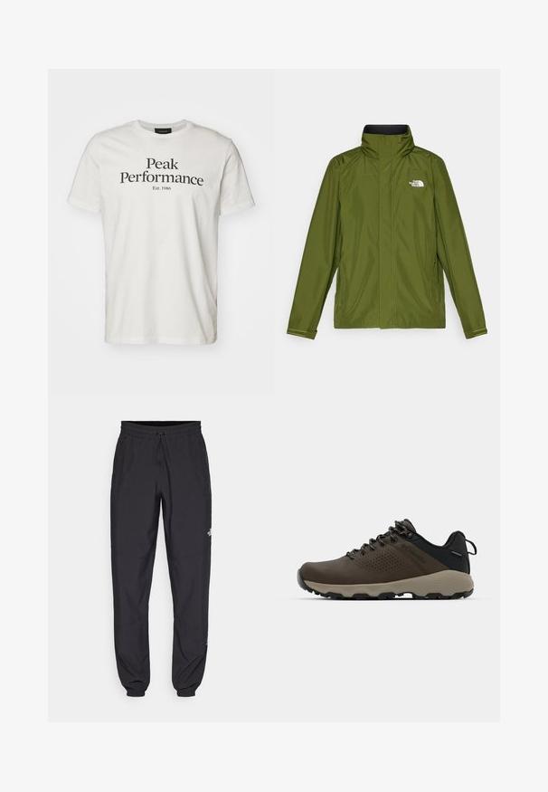 Olivgrön vattentät jacka med hög krage, långa ärmar och präglad logotype på vänstra bröstet. Har dragkedjefickor och justerbara ärmslut.; Peak Performance ORIGINAL TEE - T-shirt med print - offwhite/black; Svarta träningsbyxor tillverkade av lättviktsmaterial, med dragsko i midjan, sidofickor och avsmalnande muddar vid anklarna.; Bruna vattentåliga sneakers med en strukturerad ovandel, perforerade detaljer, svart hälstöd och en grå gummisula. Snörningen har metalliska ändar.