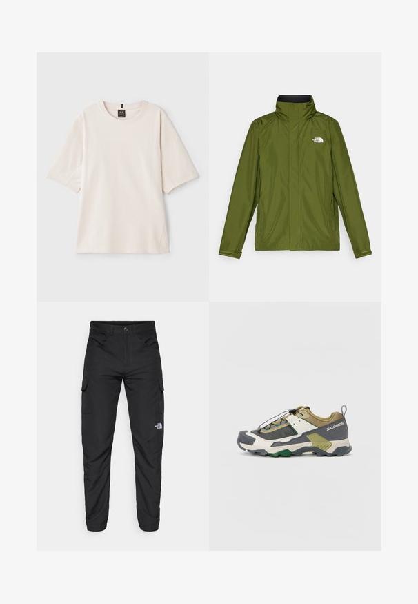 Vihreä oliivinvärinen vedenpitävä takki, jossa on korkea kaulus, pitkät hihat ja kohokuvioitu logo vasemmassa rinnassa. Ominaisuuksiin kuuluvat vetoketjulliset taskut ja säädettävät hihansuut.; Vaaleanbeige t-paita, joka on valmistettu pehmeästä puuvillasta. Siinä on pyöreä kaula-aukko, lyhyet hihat ja rento istuvuus, jossa on sivusaumadetailingia.; The North Face HORIZON PANT - Ulkohousut - black; Juoksukenkä polkujuoksuun, joka sisältää ruskean, harmaan ja valkoisen yhdistelmän materiaaleja, verkkomaisia paneeleja, paksun kumisen pohjan sekä nopean nauhoitusjärjestelmän.