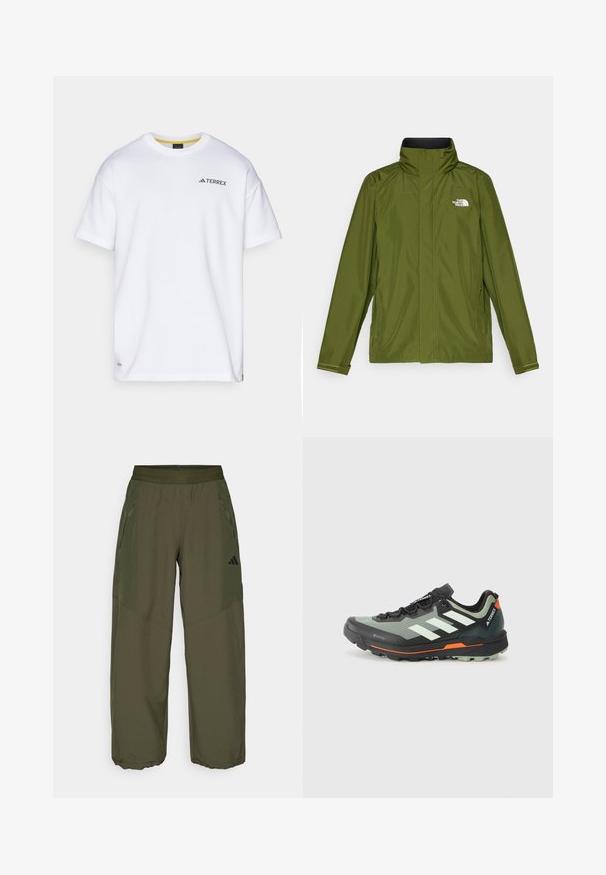 Olivengrønn vanntett jakke med høy krage, lange ermer og preget logo på venstre bryst. Har glidelåslommer og justerbare mansjetter.; Hvit t-skjorte med korte ermer laget av bomull. Har en svart "TERREX"-logo på øvre venstre bryst og en gul indre krage.; Olivengrønne, letvægtsbukser med elastisk talje, lynlåselommer i siden og smalle nederste kanter. Glat tekstur med sporty design.; Lettvekt løpesko for terrengløp med et grått og svart mesh-overdel, oransje detaljer og en robust såle for godt grep. Vanntett Gore-Tex fôr.