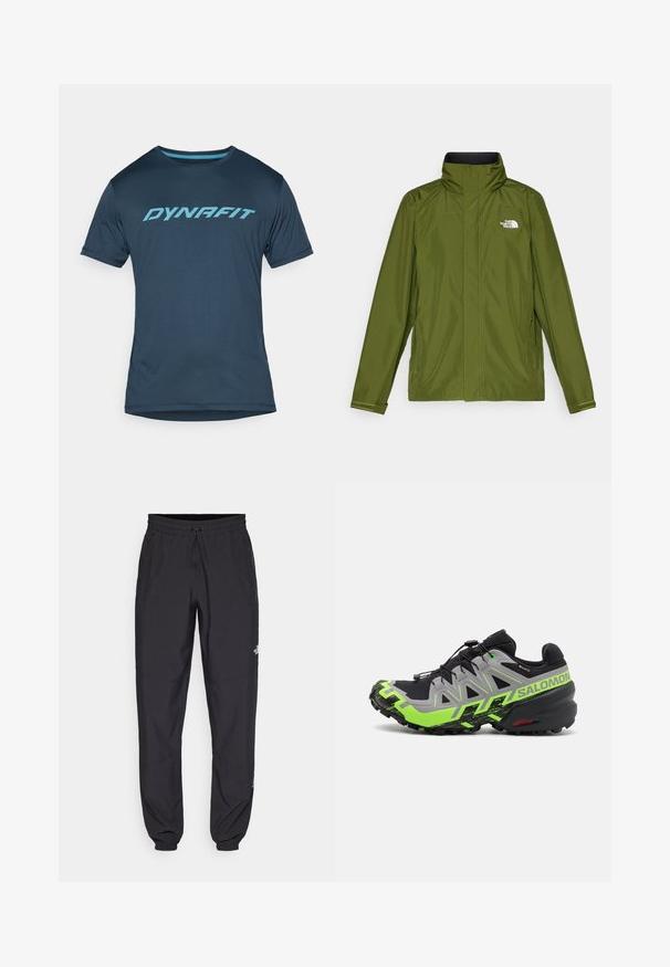 Vihreä oliivinvärinen vedenpitävä takki, jossa on korkea kaulus, pitkät hihat ja kohokuvioitu logo vasemmassa rinnassa. Ominaisuuksiin kuuluvat vetoketjulliset taskut ja säädettävät hihansuut.; Laivansinis lygių rankovių sportinis marškinėliai, turintys turkio spalvos "DYNAFIT" logotipą krūtinėje, pagaminti iš lengvo, kvėpuojančio audinio.; Mustat urheiluhousut, jotka on valmistettu kevyestä kankaasta. Housuissa on naru vyötäröllä, sivutaskut ja kapenevat hihnat nilkoissa.; Mustat ja harmaat polkujuoksukengät, joissa on kirkkaat vihreät yksityiskohdat. Kengissä on teksturoitu pohja, kehittynyt nauhakiinnitysjärjestelmä ja kestävä muotoilu.