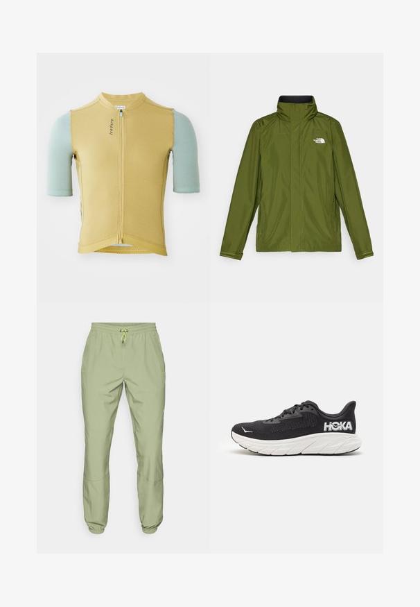 Oliivroheline veekindel jakk kõrge kraega, pikkade varrukatega ja vasakul rinnal reljeefse logoga. Omab tõmblukuga taskuid ja reguleeritavaid mansette.; Lühikeste varrukatega jalgrattajersey kollases ja helesinises, millel on esi tõmblukk, tekstuuriga kangas ja kohandatud sobivus.; Heledad rohelised spordipüksid elastse vöökoha, paelaga sulgemise ja pahkluude mansettidega; omaduseks on kaks külgtaskut ja sile tekstuur.; Must have jooksvahend musta värvi, millel on tekstuurne pealmine osa, valge vaheosa, silmapaistev logo kandadel ja kumer tallatoetuseks.