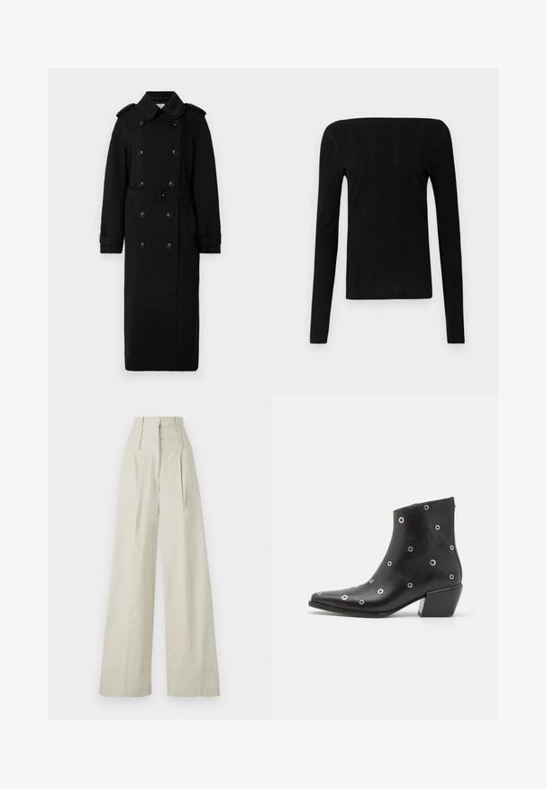 Manteau noir long en tissu doux et texturé. Il présente un système de fermeture à double boutonnage, une taille ceinturée et des épaulettes.; Haut noir à manches longues avec un décolleté droit et une texture côtelée, présentant une silhouette ajustée et sans hardware ni accents visibles.; Pantalons larges beiges en tissu lisse, avec une taille haute dotée de trois bandes horizontales et des plis à l'avant.; Botte de cheville en cuir noir avec des œillets en argent, bout pointu et talon bloc. Design épuré avec une texture lisse.