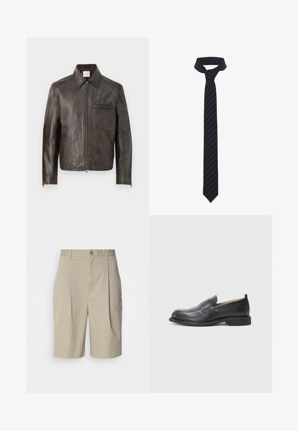 Brūna ādas jaka ar rāvējslēdzēja priekšpusi, pogu apkakli un vienu krūšu kabatu. Iekļauj rāvējslēdzēja sānu kabatas un gludu tekstūru.; Balts garām piedurknēm krekls no teksturēta auduma, ar klasisku apkakli, pogu aizdari un taisnu apakšmalu, ar brīvu piegriezumu.; Beige kokvilnas šorti ar plāno priekšpusi, jostas pogu aizdari un sānu kabatām. Gluda tekstūra un ceļa garuma griezums.; Melnas ādas loafers ar gludu virsmu, plakanu zoli un noapaļotu pirkstu, ar dekoratīvu jostu pāri augšdaļai.; Melnā kaklasaites ar diagonālām zilām svītrām, izgatavota no gludas auduma. Iezīmēta ar šauru galu un mezgla cilpu augšpusē.
